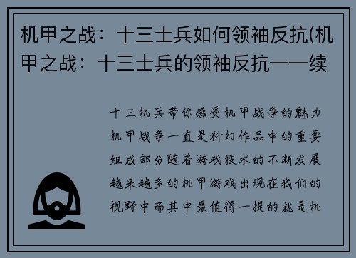 机甲之战：十三士兵如何领袖反抗(机甲之战：十三士兵的领袖反抗——续写)